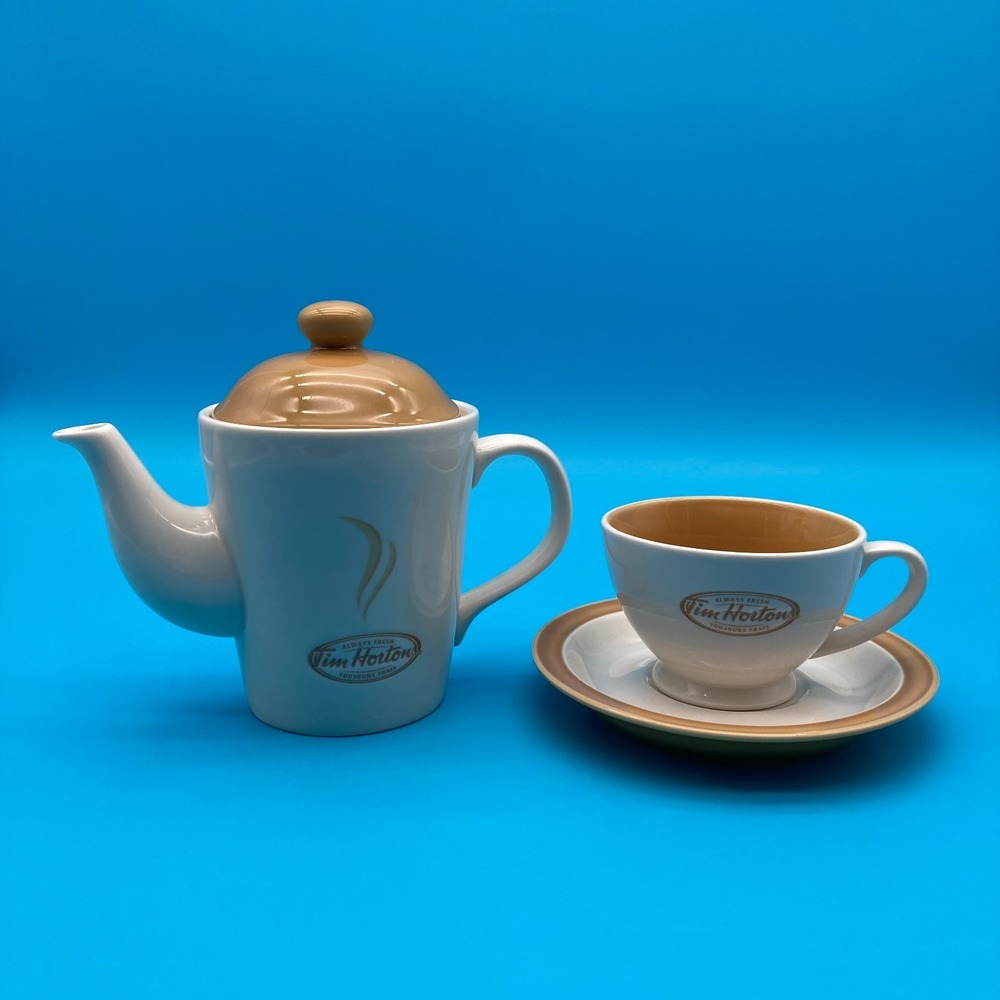 Vintage Tim Hortons Tea For One Set Individual Teapot Cup Saucer Brown Cream